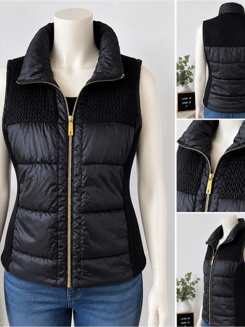 Kenneth Cole New York Women’s 1X Black Puffer Vest Smocked Gold Zip Quilted